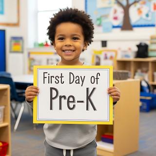 little boy holding prek sign