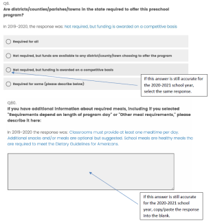 annotated screenshot of the survey directing users to respond with their previous answers if still accurate